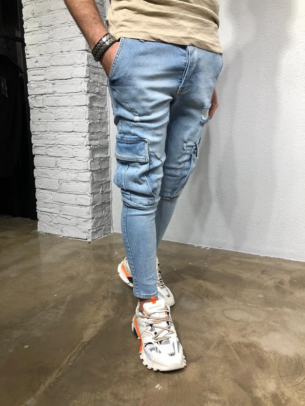 Blue Washed Cargo Pocket Denim BL260 Streetwear Cargo Jeans