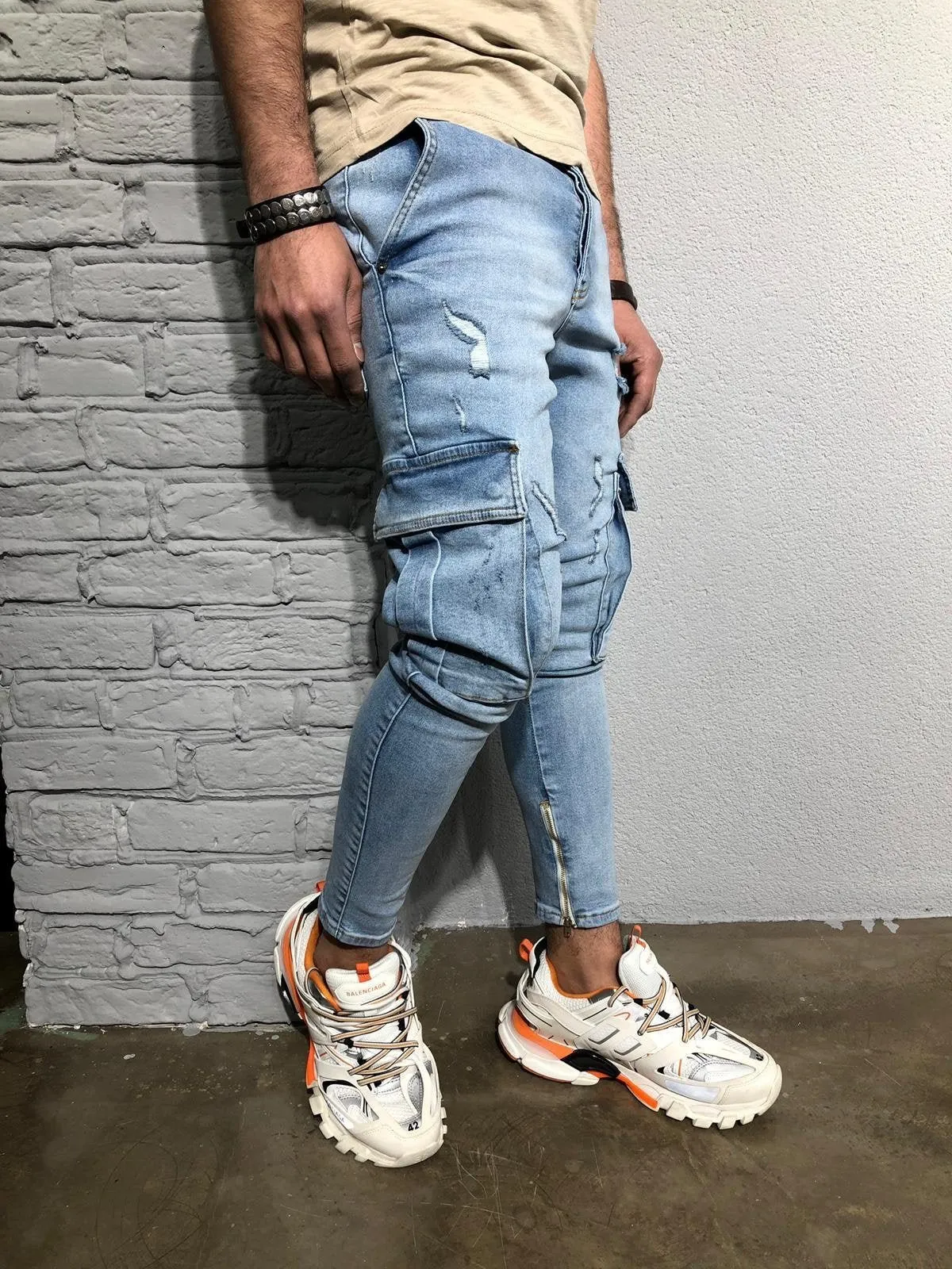 Blue Washed Cargo Pocket Denim BL260 Streetwear Cargo Jeans