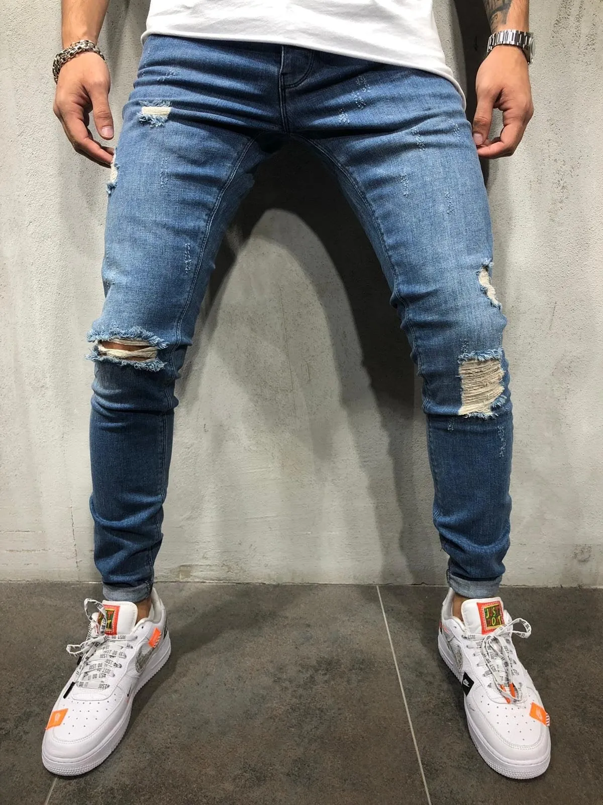 Blue Washed Distressed Skinny Fit Denim A196 Streetwear Jeans