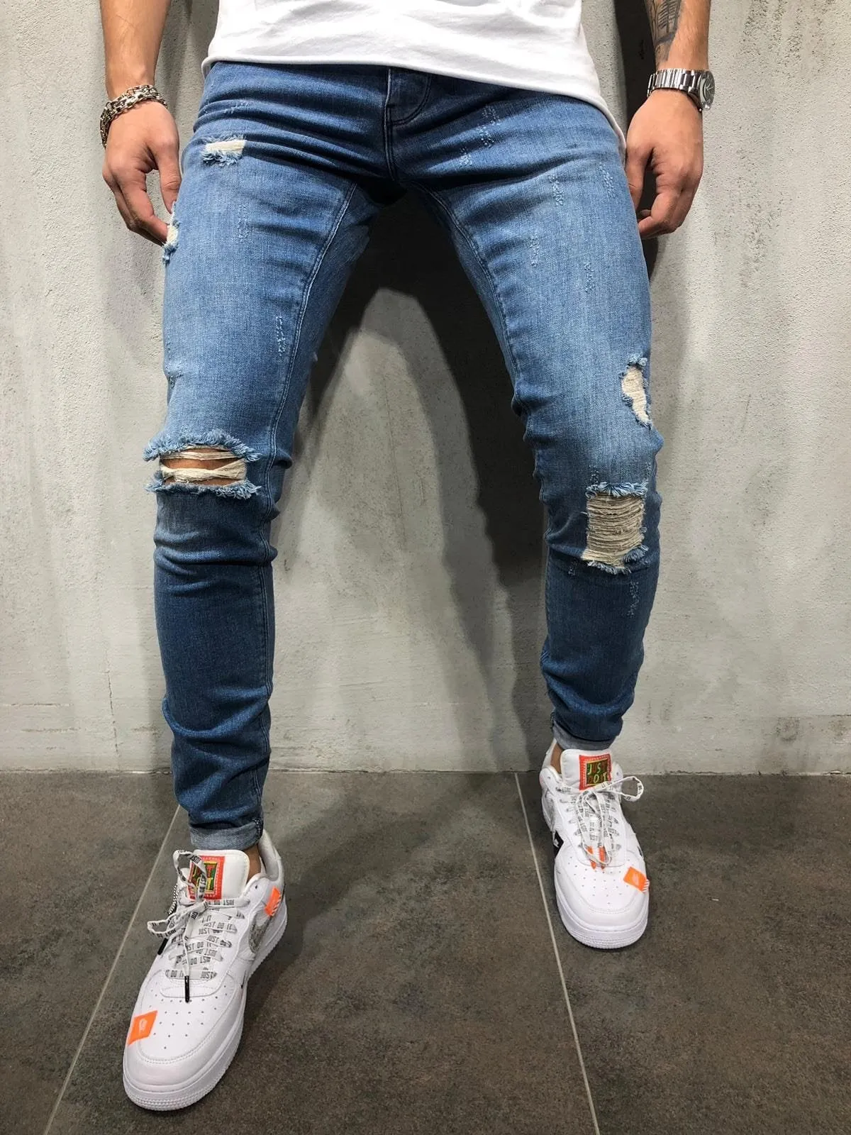 Blue Washed Distressed Skinny Fit Denim A196 Streetwear Jeans