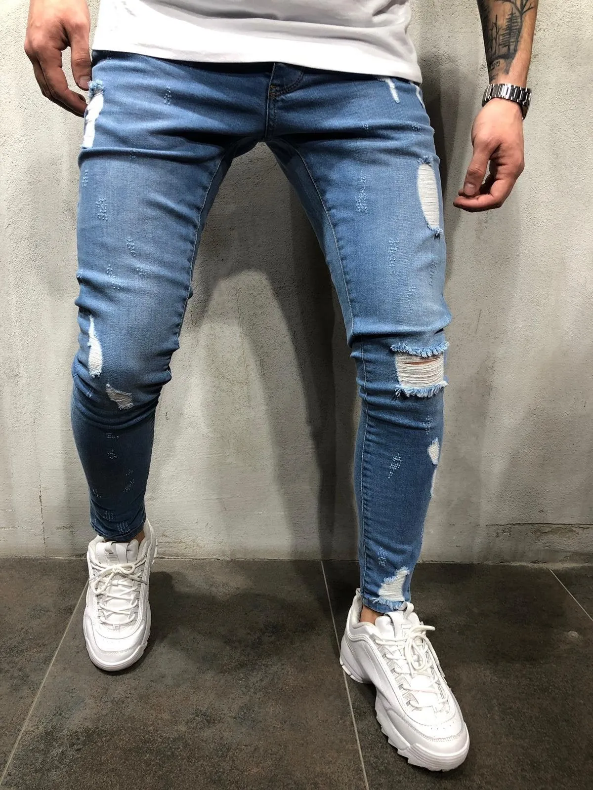 Blue Washed Distressed Ultra Skinny Fit Denim AY305 Streetwear Jeans