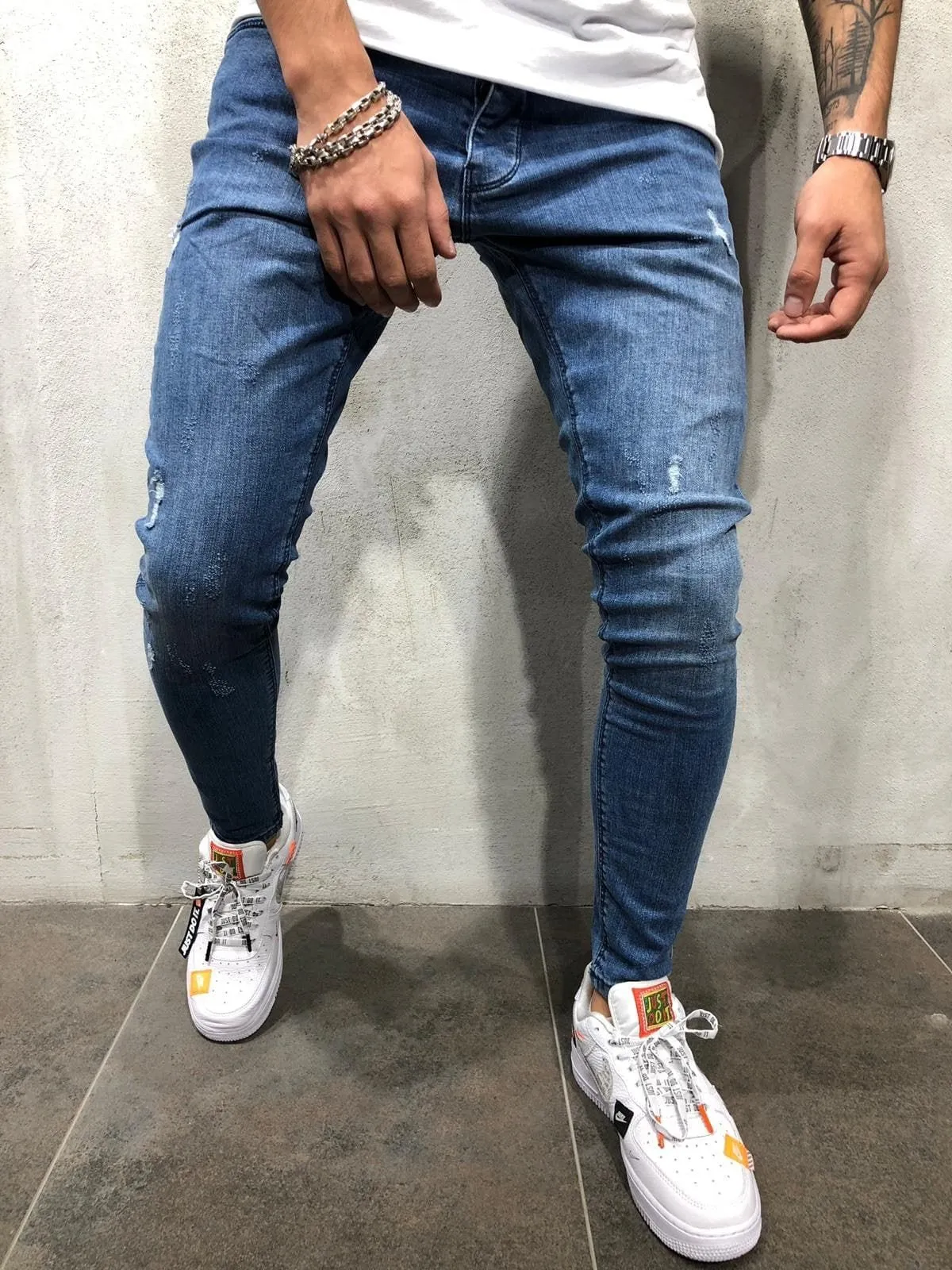 Blue Washed Skinny Fit Denim A197 Streetwear Jeans