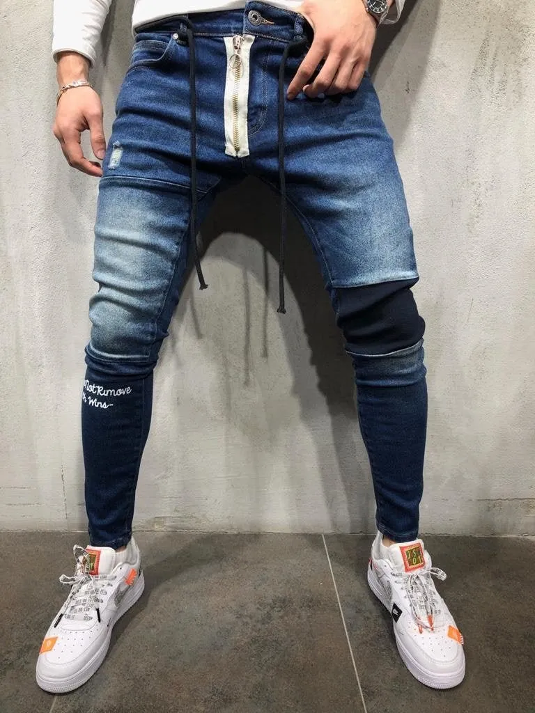 Blue Zippered Banding Distressed Skinny Fit Denim A252 Streetwear Jeans