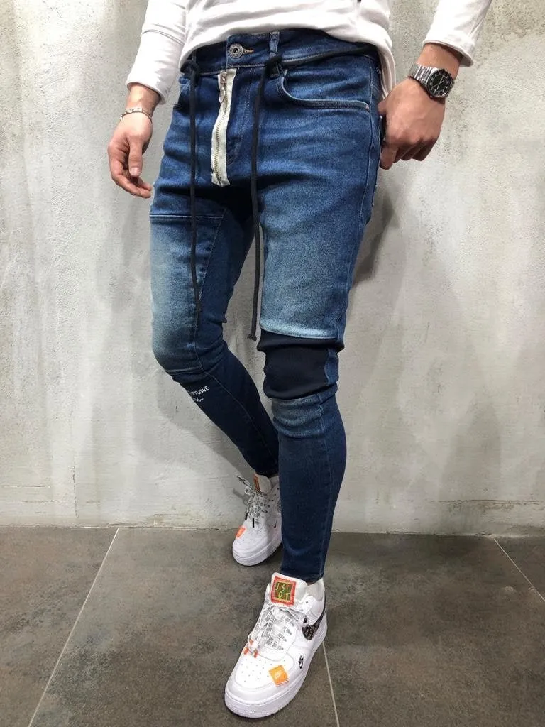 Blue Zippered Banding Distressed Skinny Fit Denim A252 Streetwear Jeans