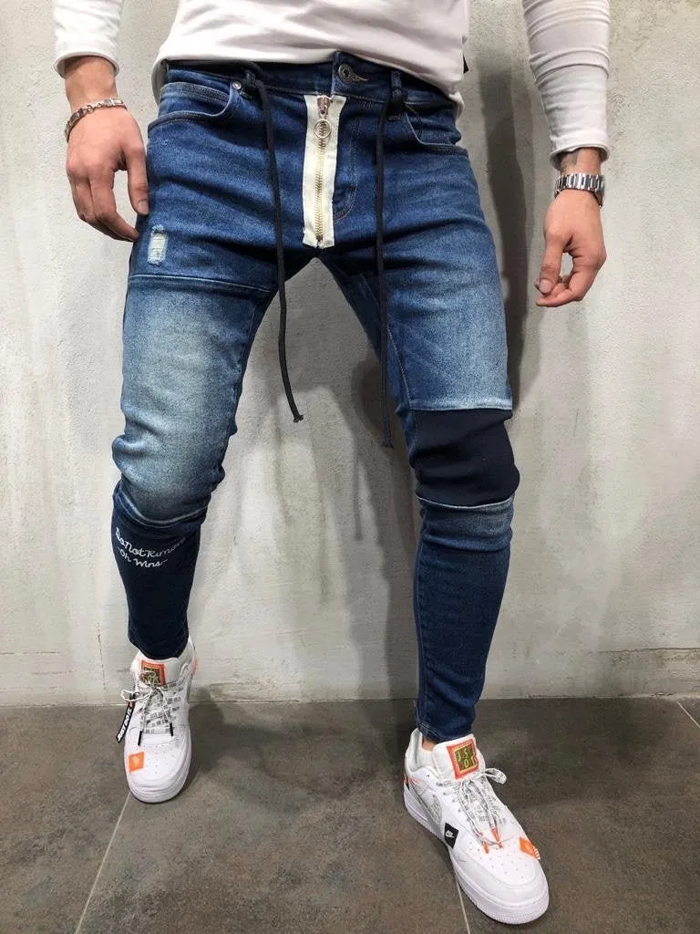 Blue Zippered Banding Distressed Skinny Fit Denim A252 Streetwear Jeans