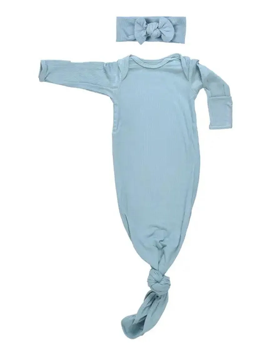 Bluebird Ribbed Knotted Newborn Gown Set