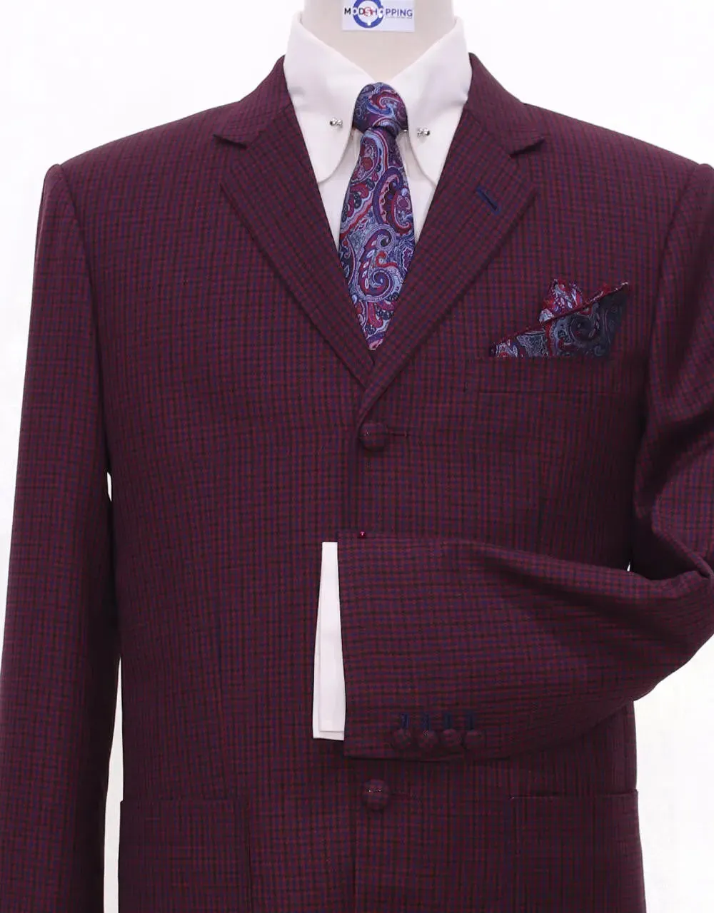 Burgundy Houndstooth Suit Jacket Size 38R Trouser 32/32