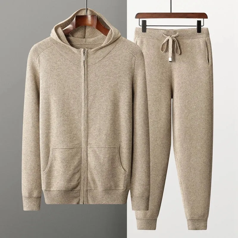 Cashmere Suit Men Hooded Zipper Cardigan Autumn Winter Knitted Two-Piece High Waist Trousers Fashion Solid Color Sweater