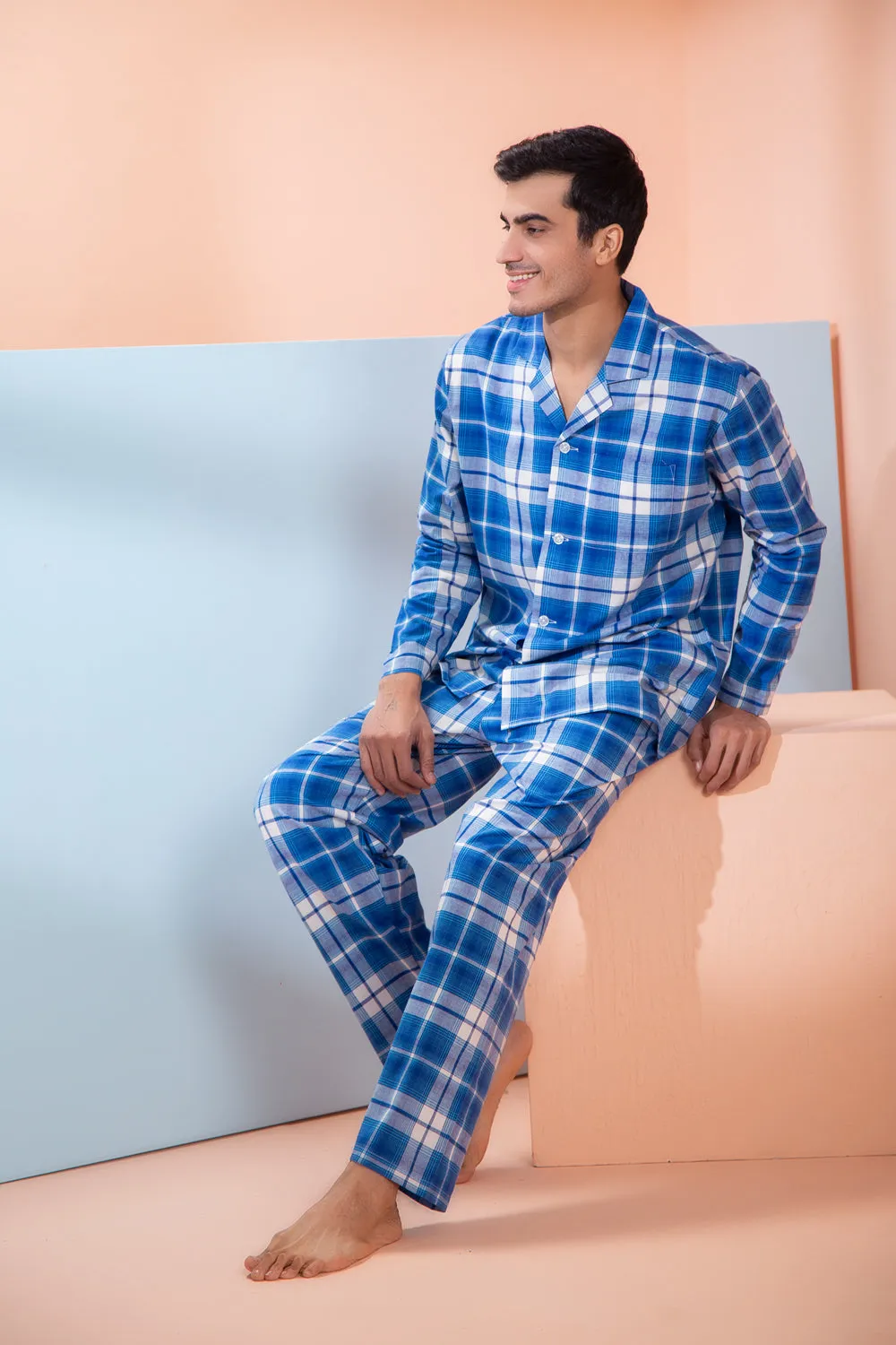 Cotton Check Classic Collar Night suit