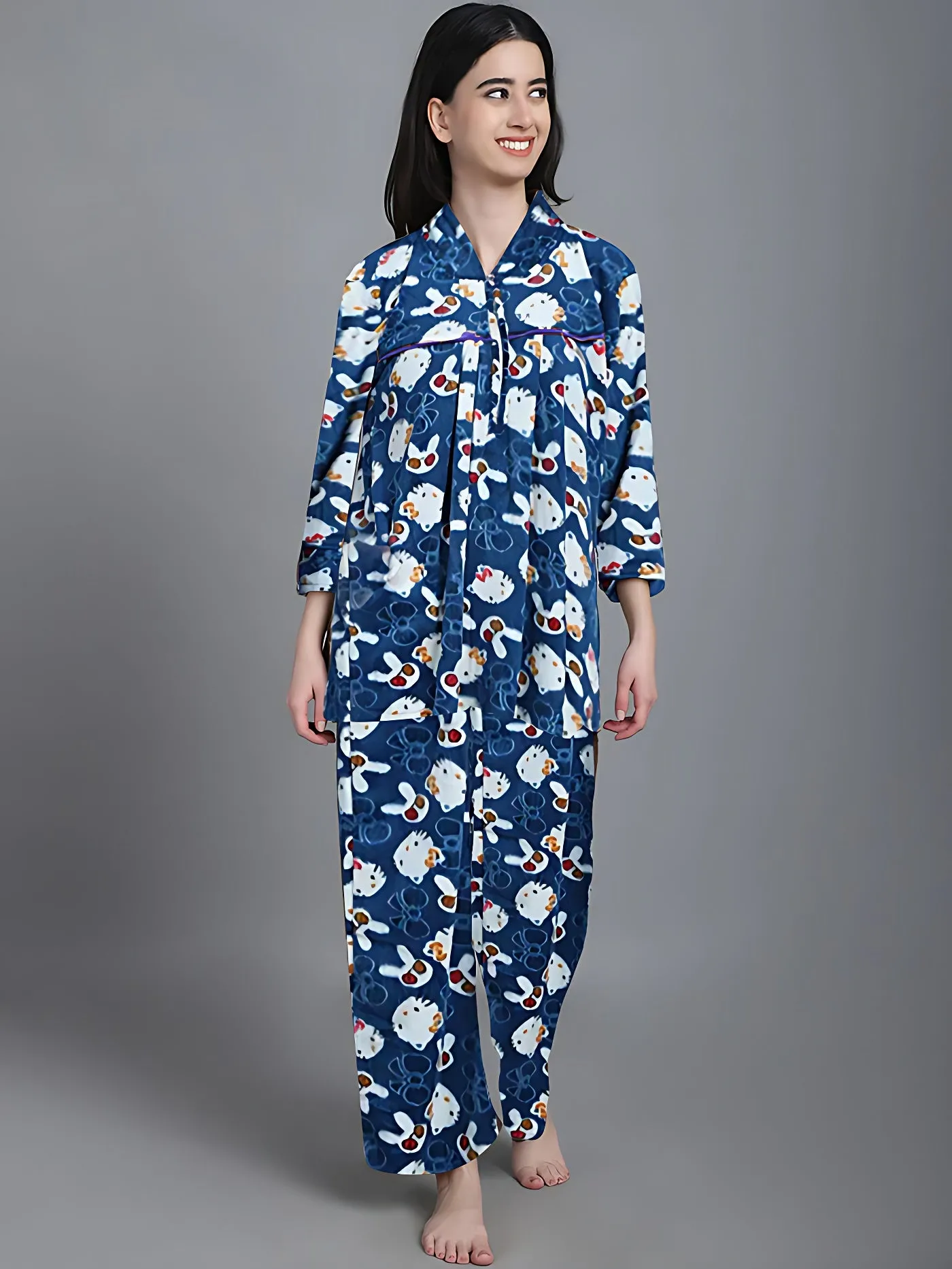 Cozy Hello Kitty Winter Night Suit - Blue & White