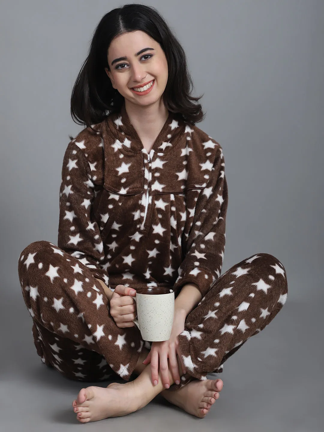 Cozy Star Print Winter Night Suit - Brown