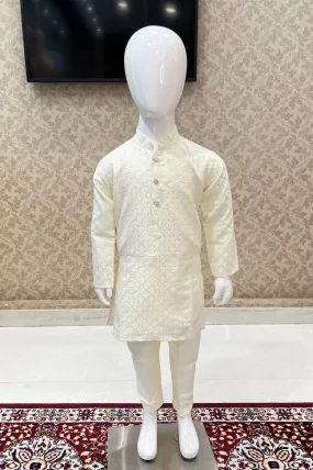 Cream Sequins and Thread work Kurta Set for Boys