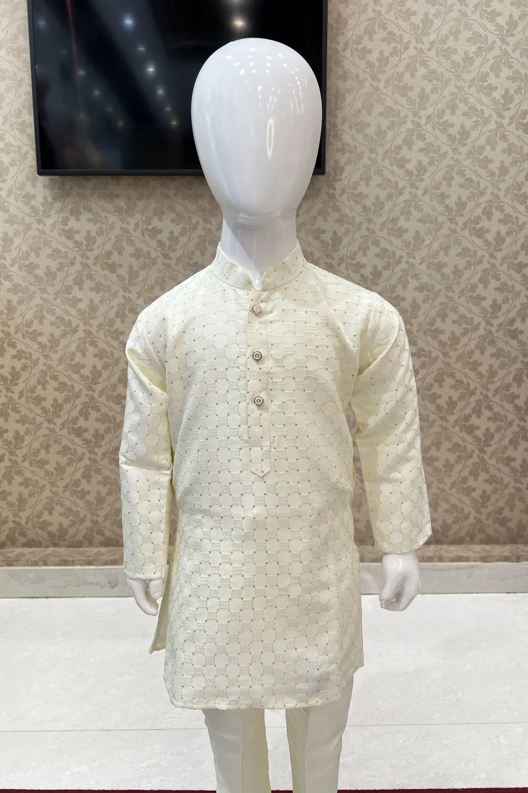 Cream Sequins and Thread work Kurta Set for Boys