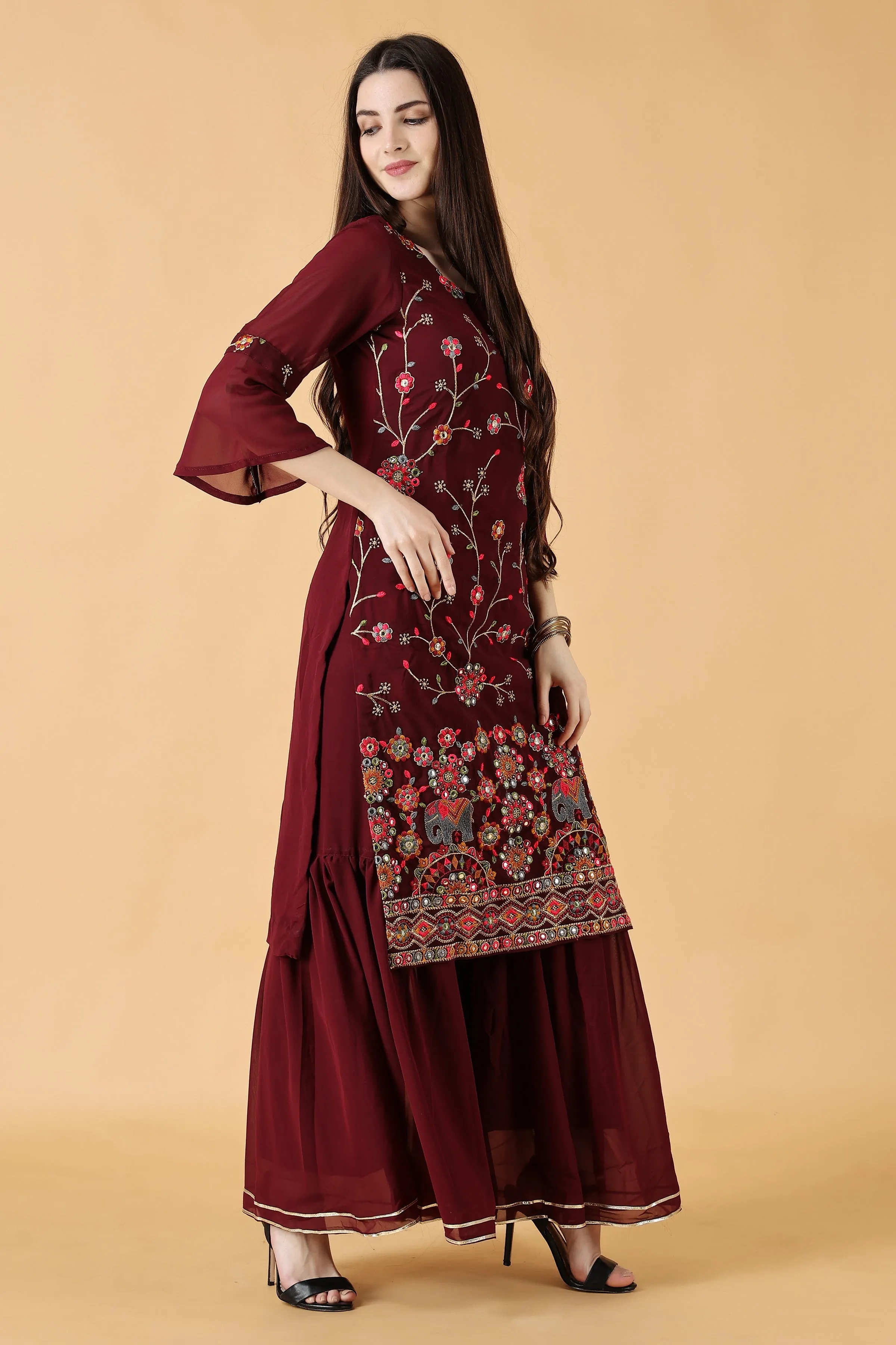 Crimson Mirror Work Sharara Suit