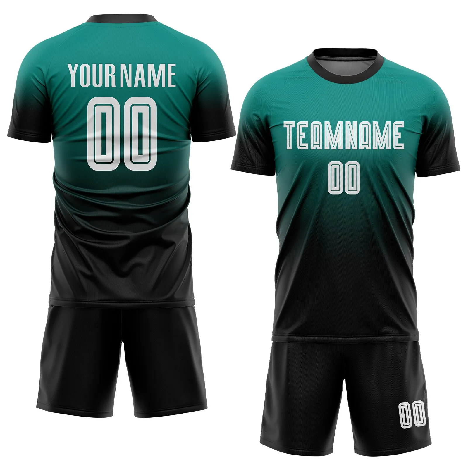 Custom Aqua White-Black Sublimation Fade Fashion Soccer Uniform Jersey