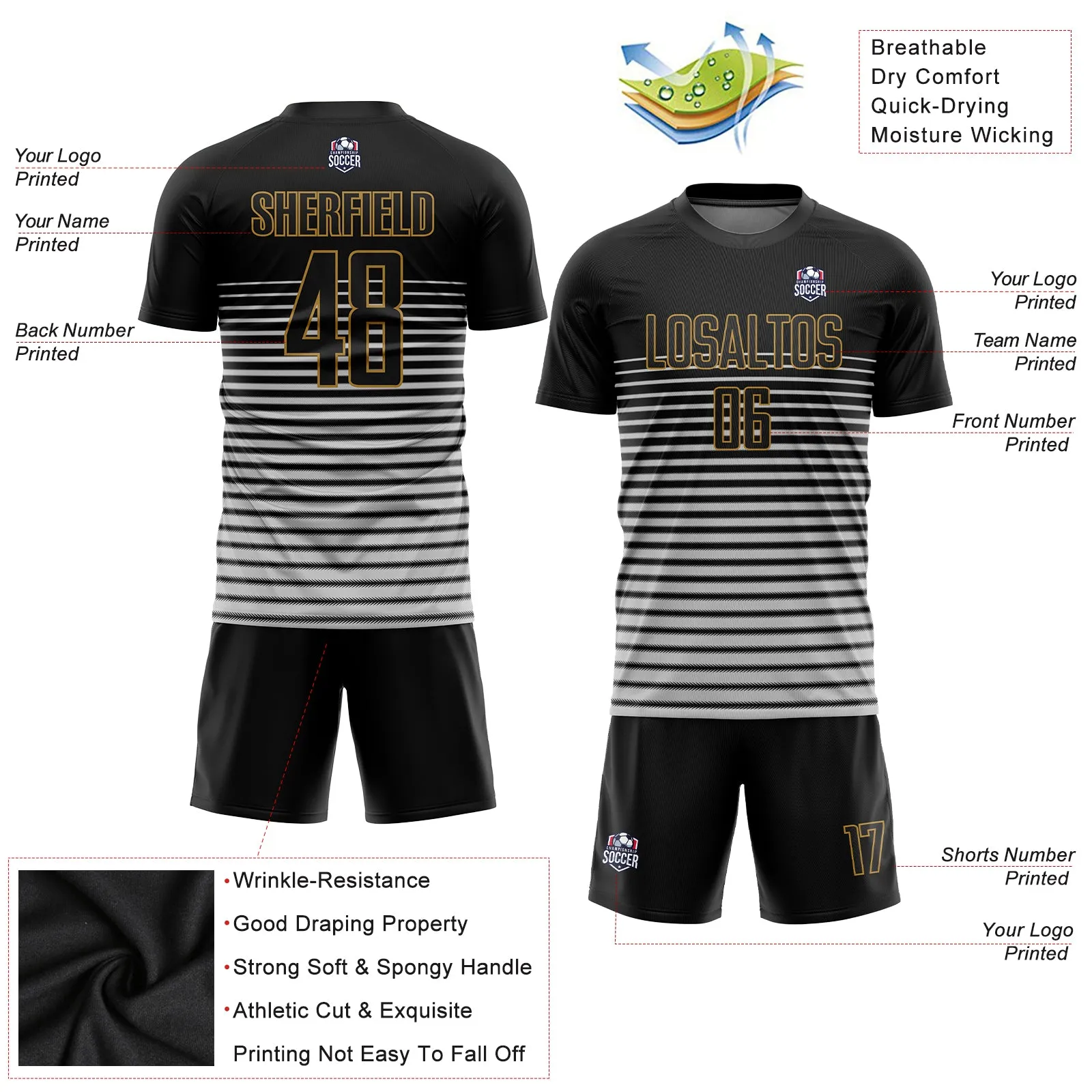 Custom Black Black-Old Gold Sublimation Soccer Uniform Jersey