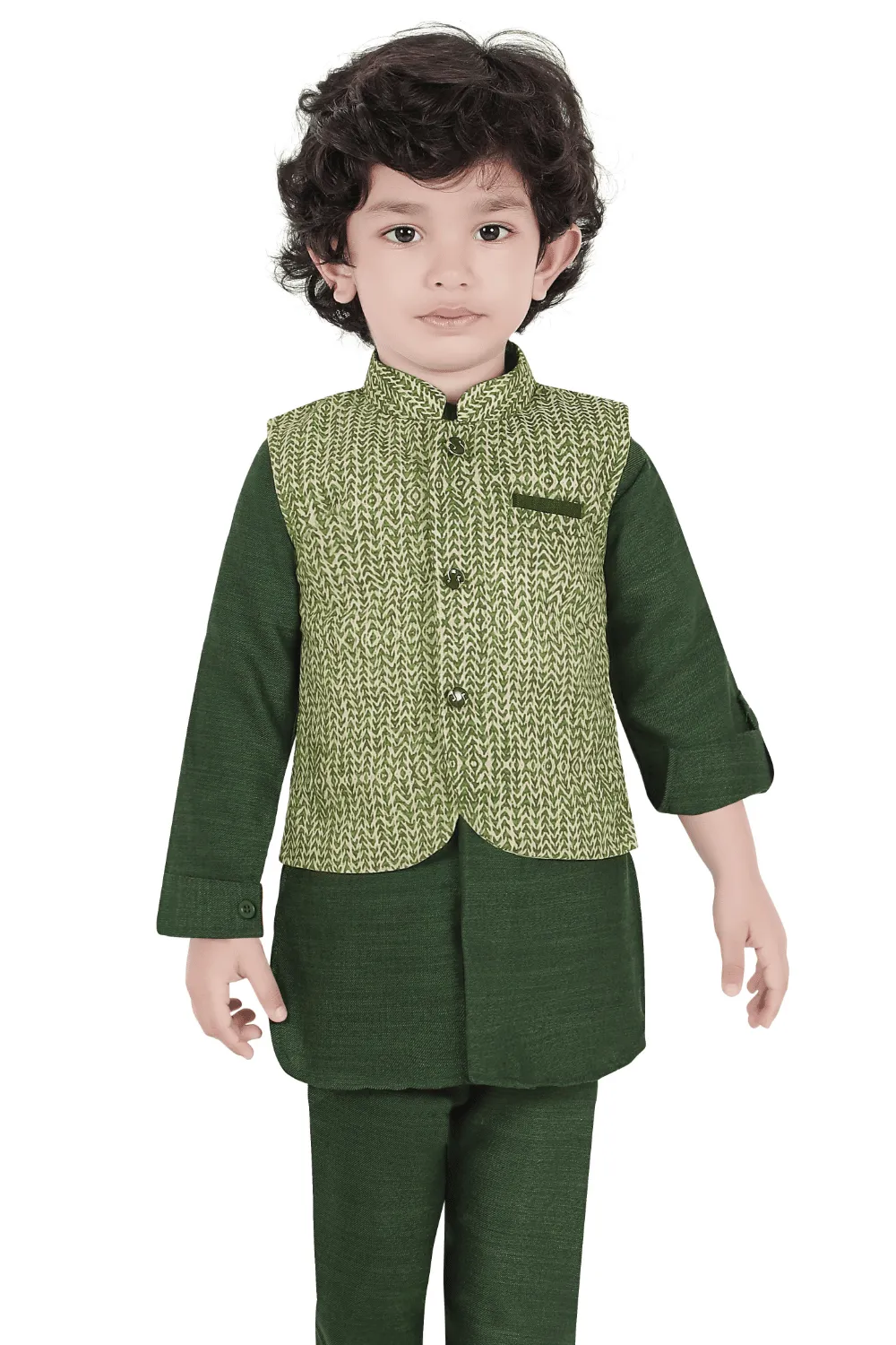 Dark Green Printed Waist Coat Kurta Set for Boys