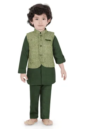 Dark Green Printed Waist Coat Kurta Set for Boys