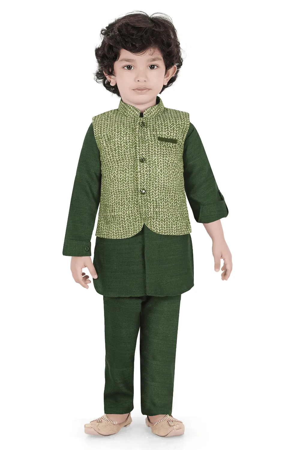 Dark Green Printed Waist Coat Kurta Set for Boys