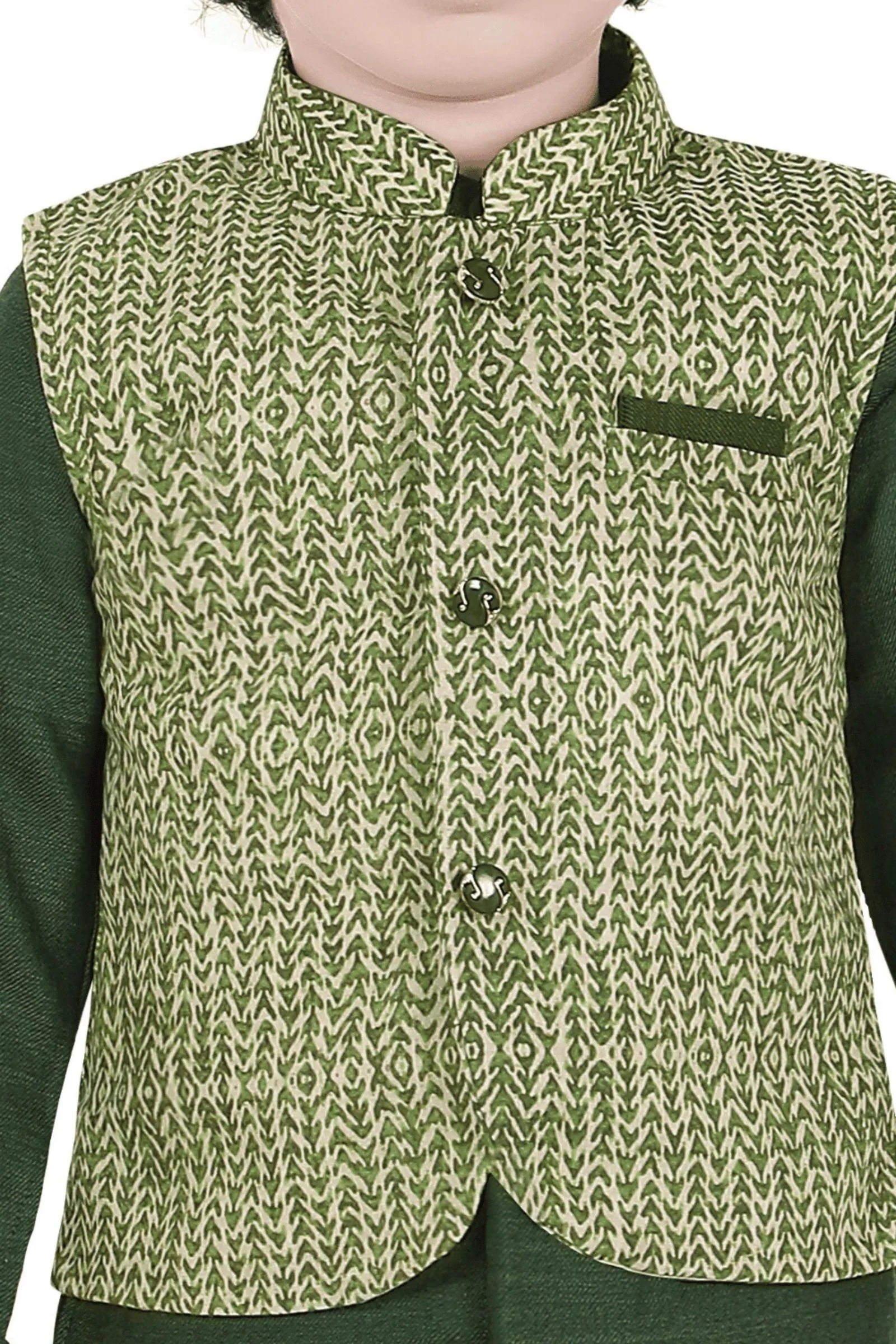 Dark Green Printed Waist Coat Kurta Set for Boys