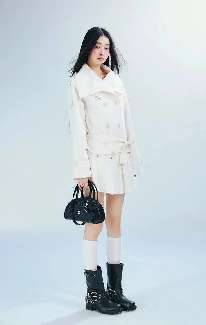 Double-Breasted Cropped Trench Coat with Belt Detail