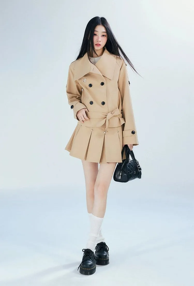 Double-Breasted Cropped Trench Coat with Belt Detail