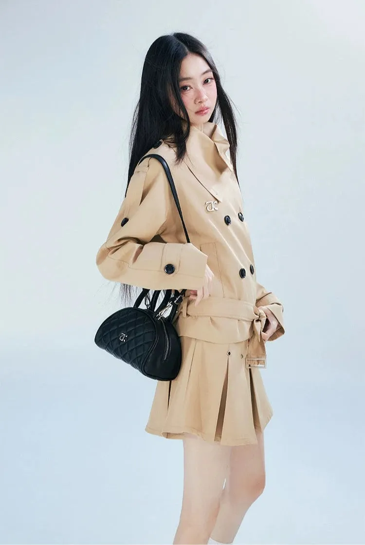 Double-Breasted Cropped Trench Coat with Belt Detail