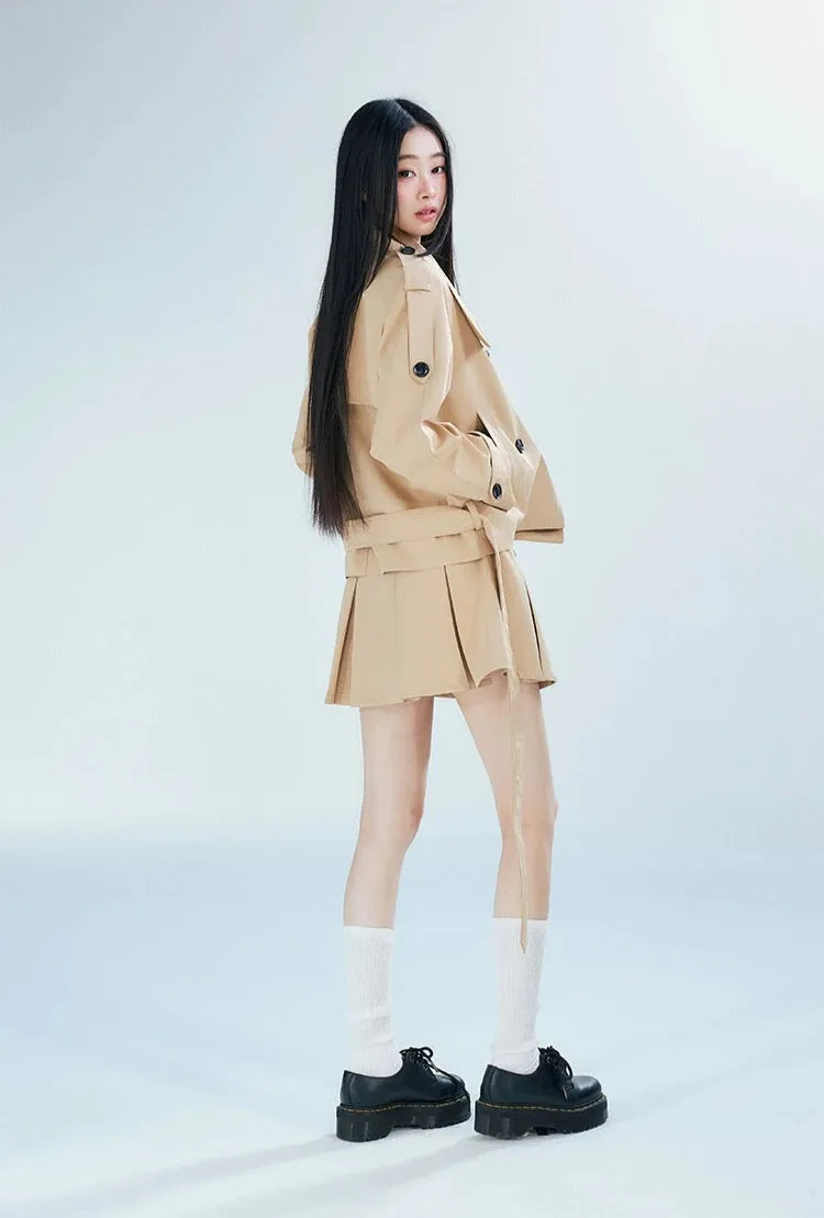 Double-Breasted Cropped Trench Coat with Belt Detail