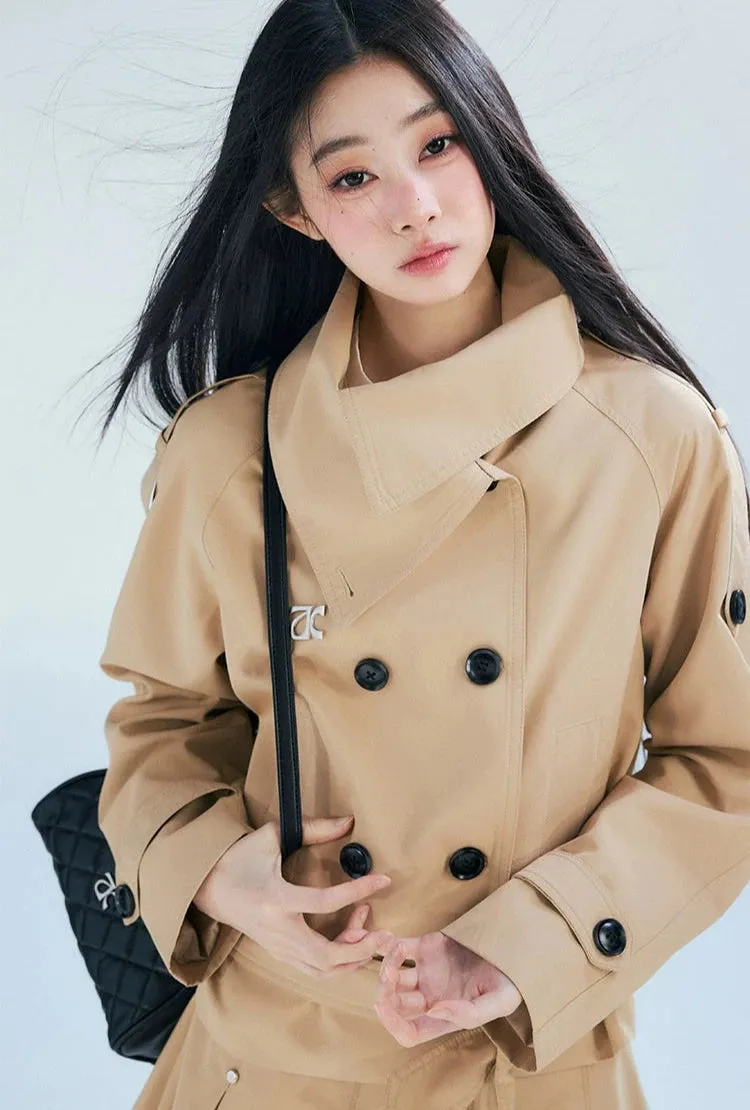 Double-Breasted Cropped Trench Coat with Belt Detail