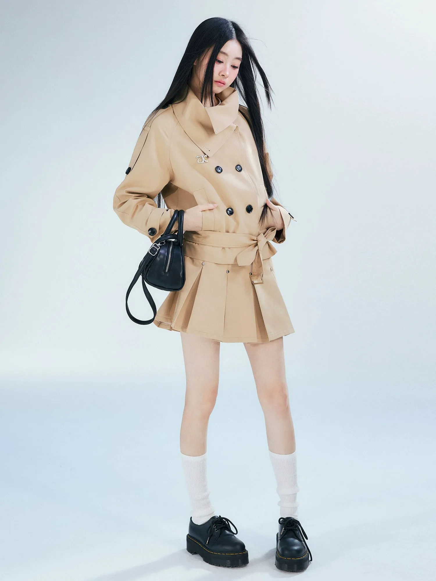 Double-Breasted Cropped Trench Coat with Belt Detail