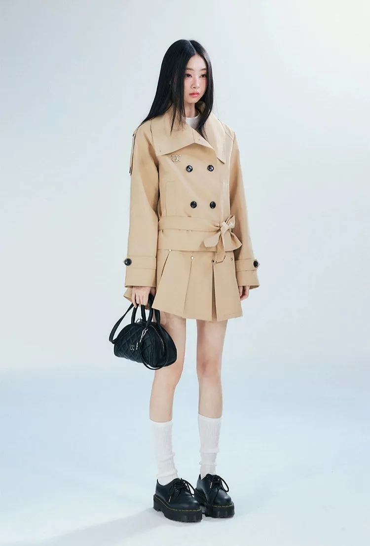 Double-Breasted Cropped Trench Coat with Belt Detail