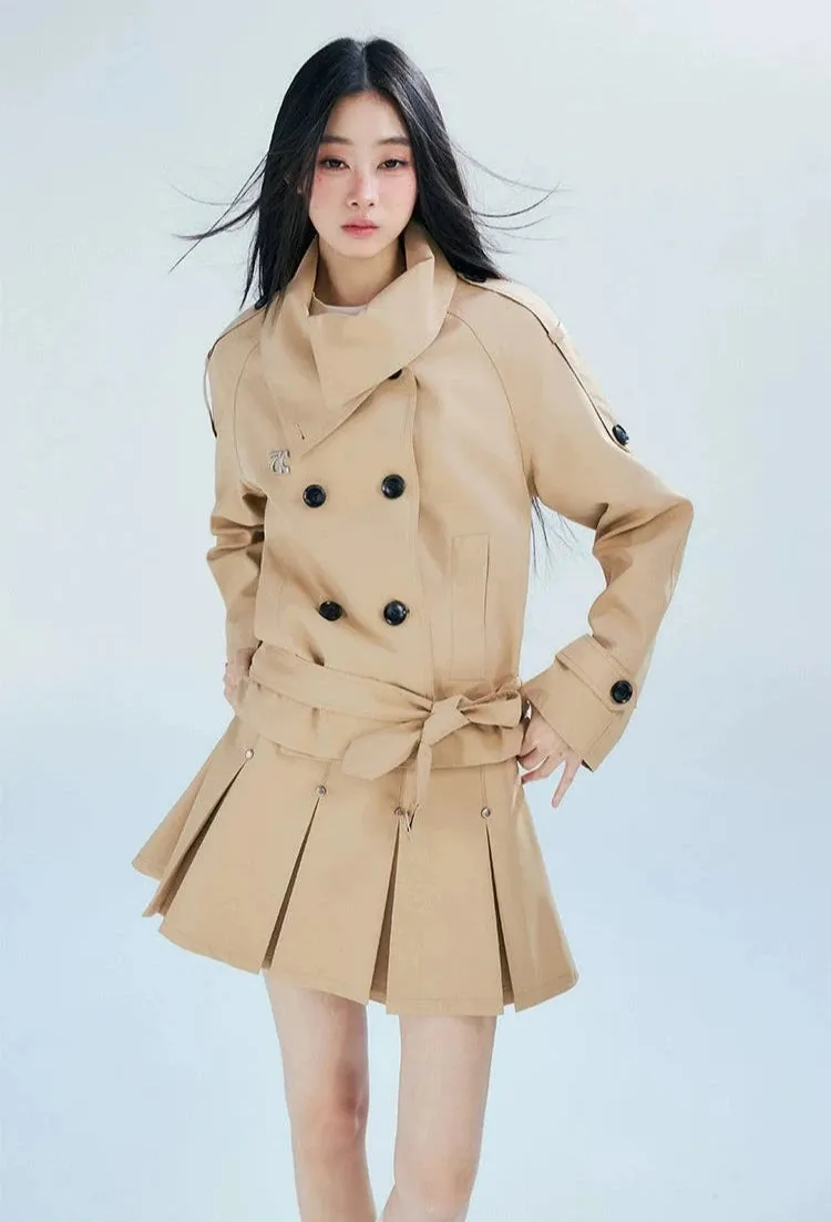 Double-Breasted Cropped Trench Coat with Belt Detail