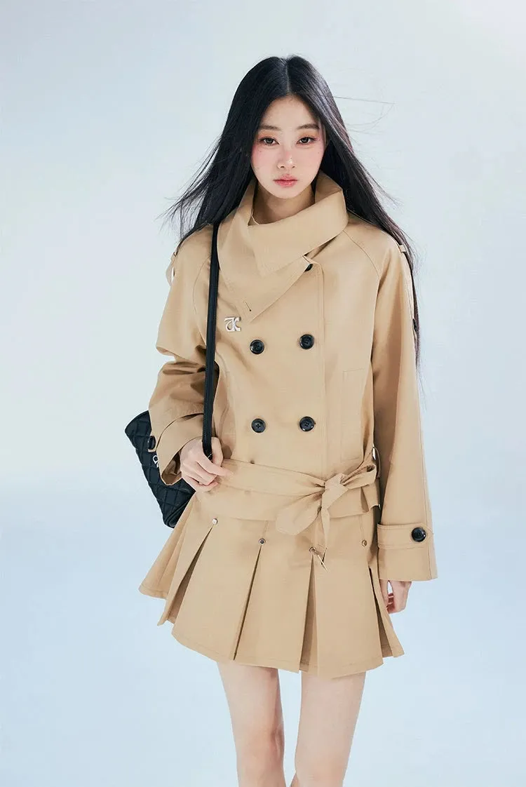 Double-Breasted Cropped Trench Coat with Belt Detail