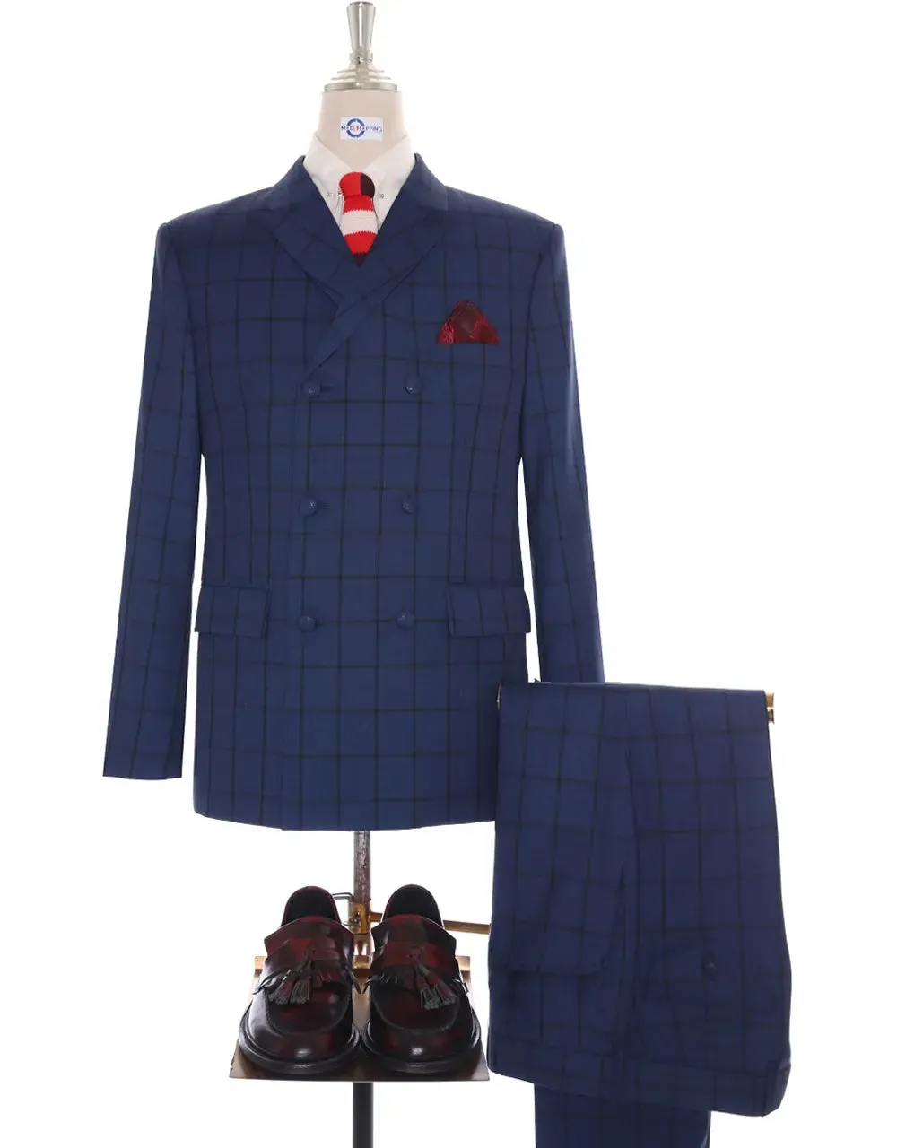 Double Breasted Suit - Navy Blue Windowpane Suit