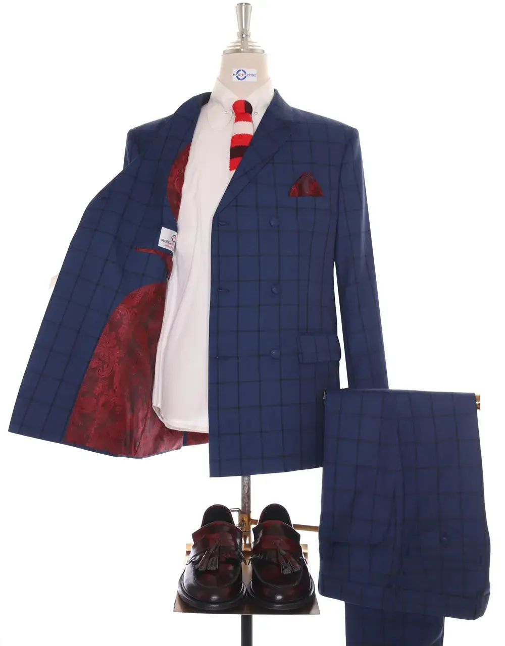 Double Breasted Suit - Navy Blue Windowpane Suit