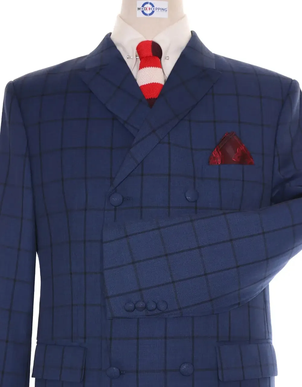 Double Breasted Suit - Navy Blue Windowpane Suit