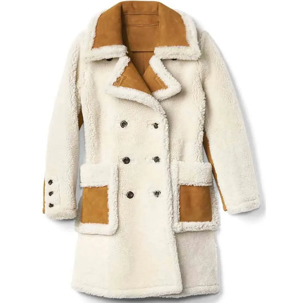 Double Breasted White Shearling Coat for Women