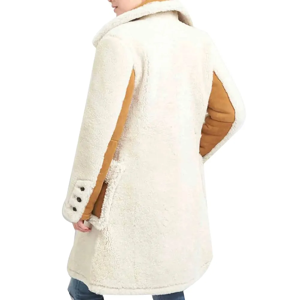 Double Breasted White Shearling Coat for Women