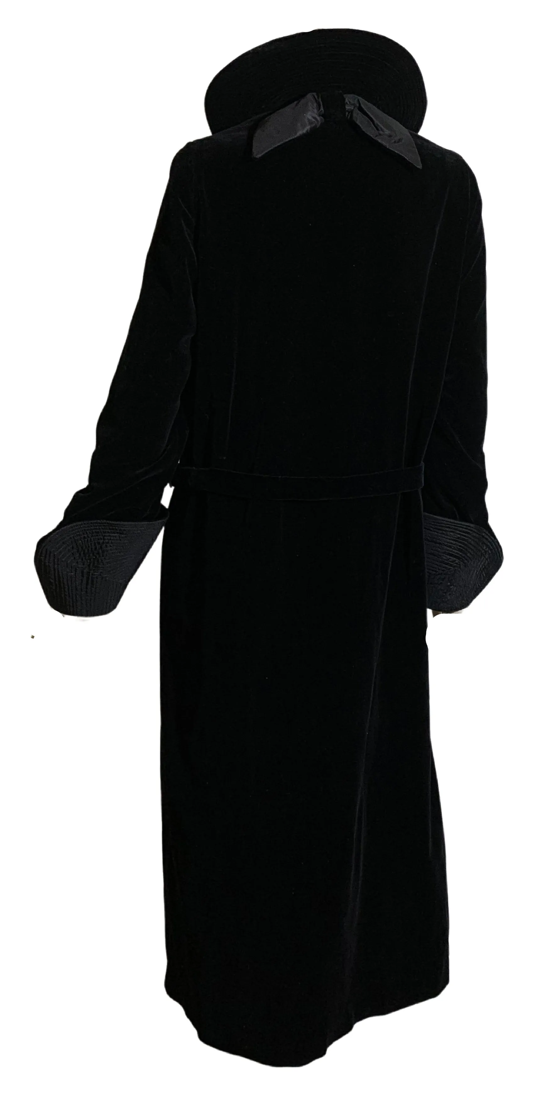 Ebony Black Cotton Velvet Coat with Trapunto Stitched Silk Stand Up Collar and Wide Cuffs circa Early 1900s