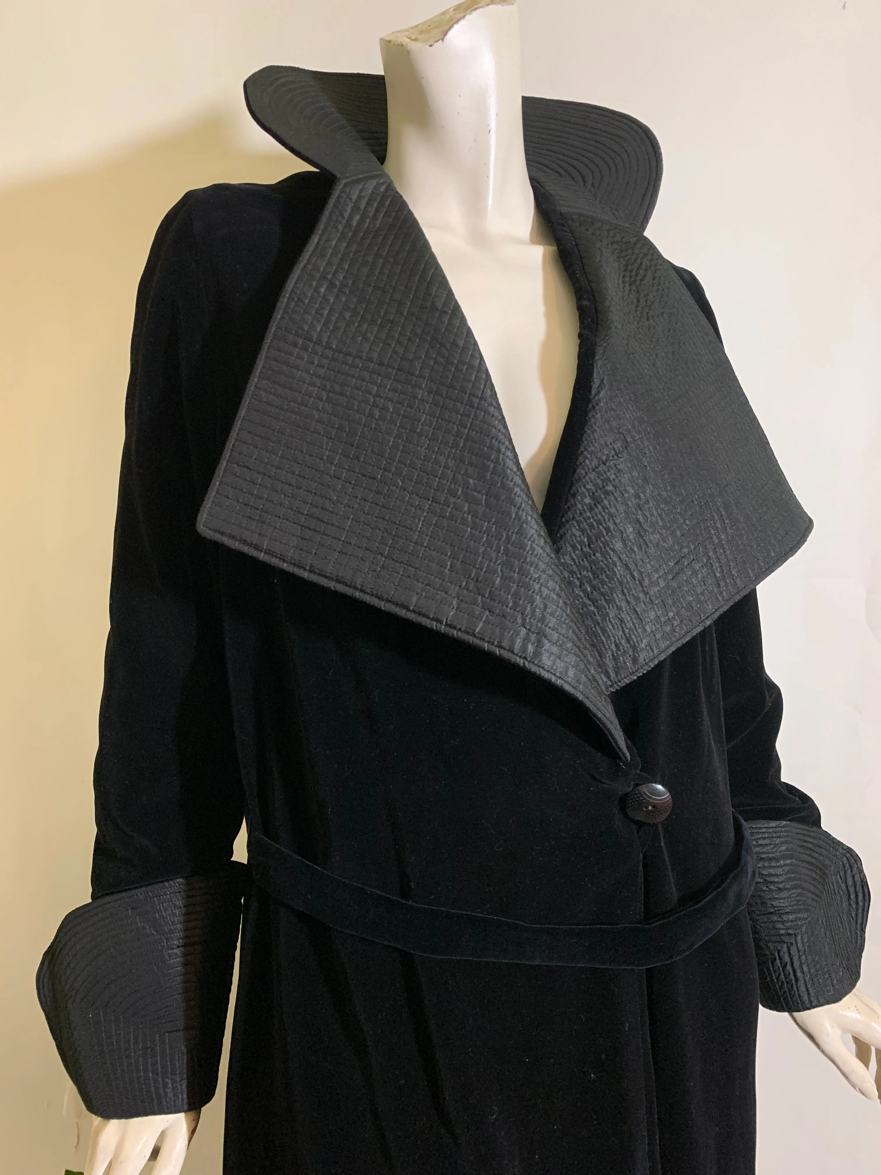 Ebony Black Cotton Velvet Coat with Trapunto Stitched Silk Stand Up Collar and Wide Cuffs circa Early 1900s