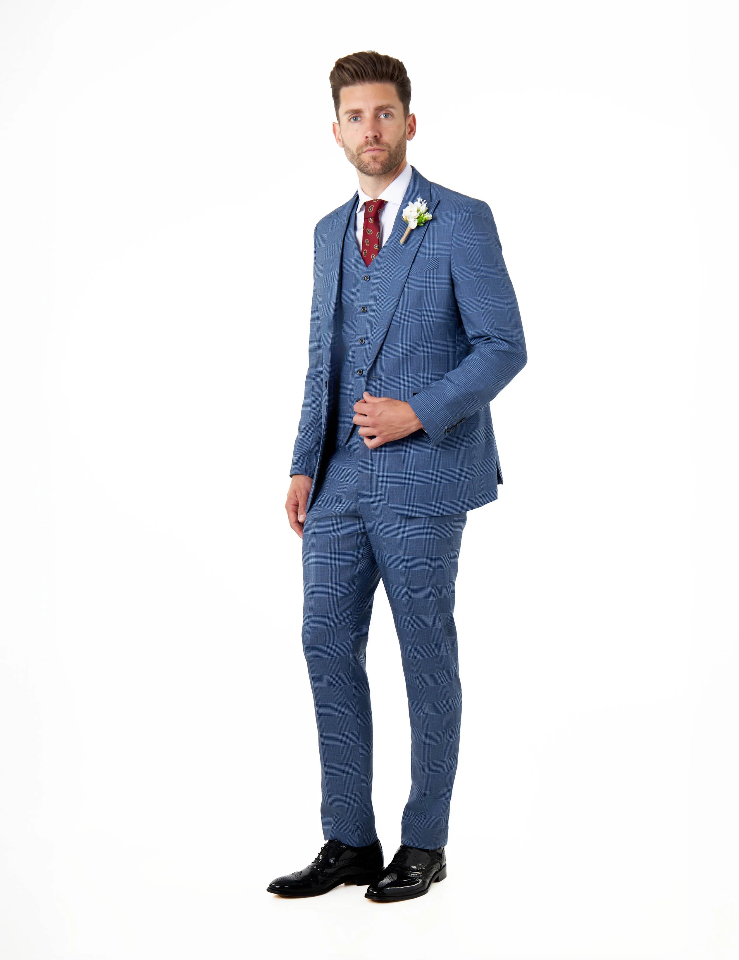 EKON - Blue Prince of Wales Check Suit 3 Piece Tailored Fit