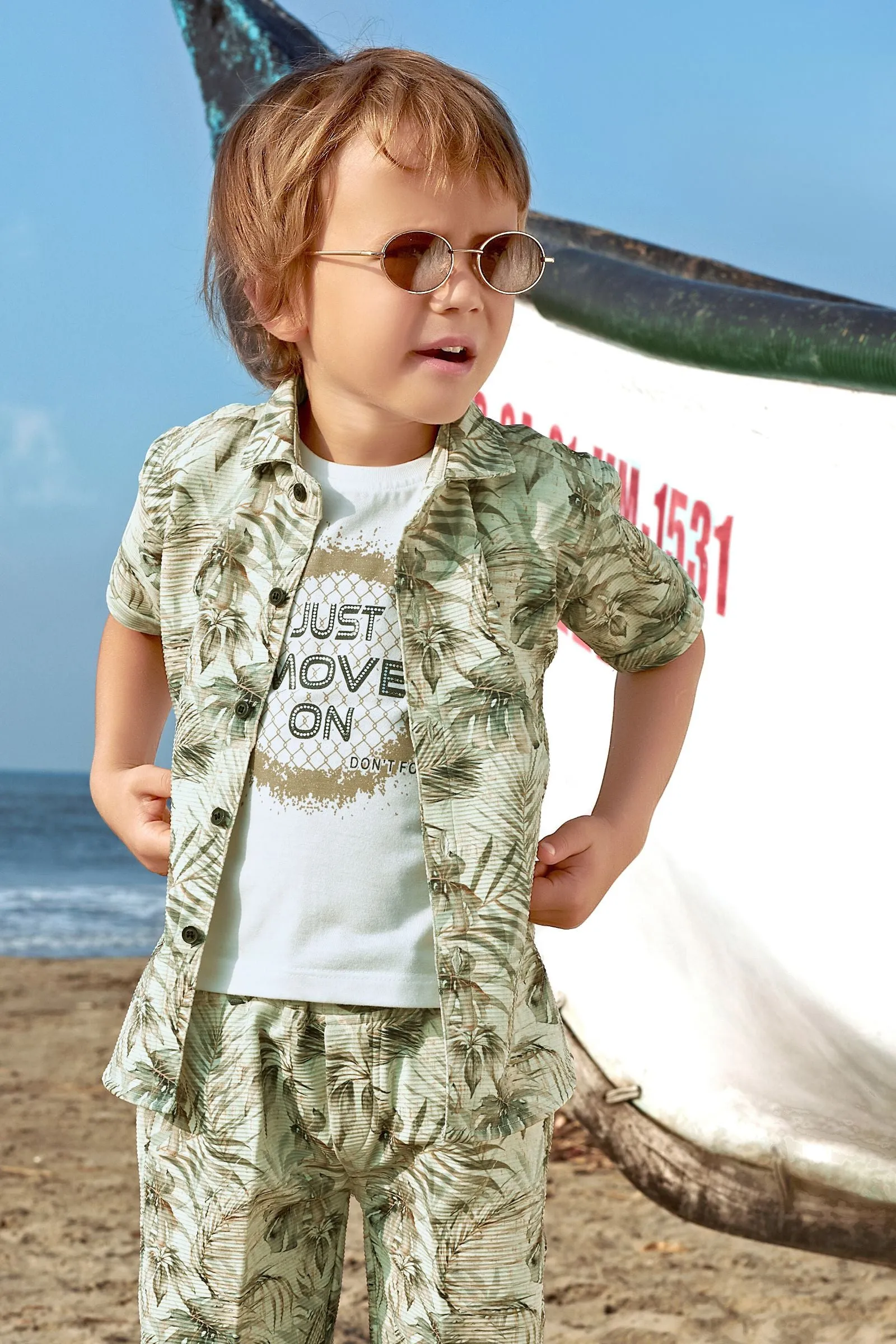 Fawn with White Printed Co-Ord Set for Boys