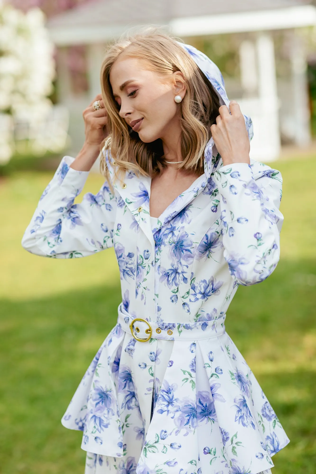 Fitted and Flared Coat with A-Line Skirt in White with Blue Flower Print | 'Floral White'