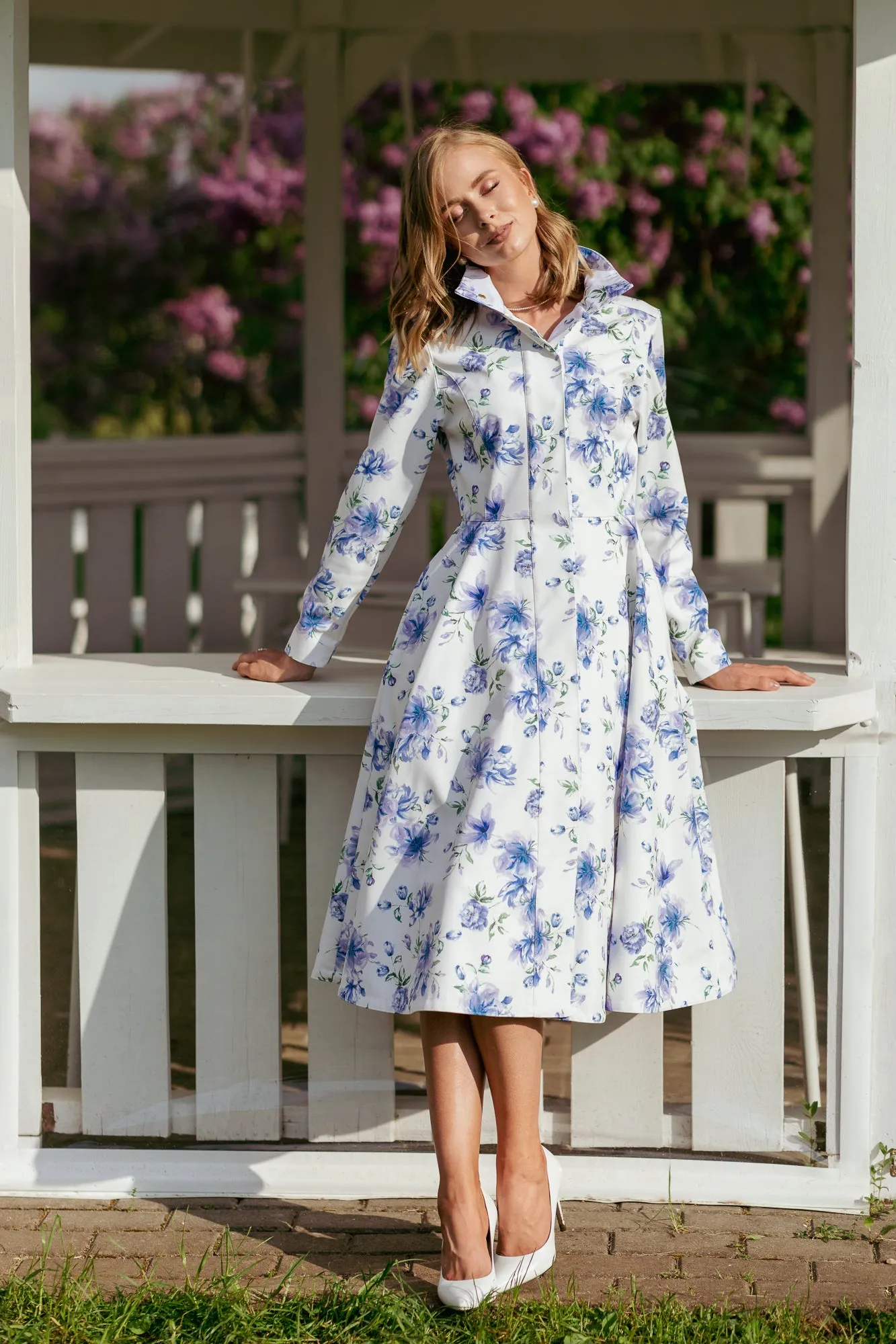 Fitted and Flared Coat with A-Line Skirt in White with Blue Flower Print | 'Floral White'