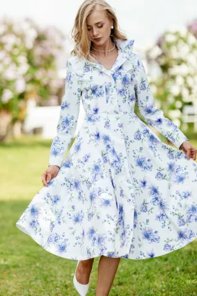 Fitted and Flared Coat with A-Line Skirt in White with Blue Flower Print | 'Floral White'