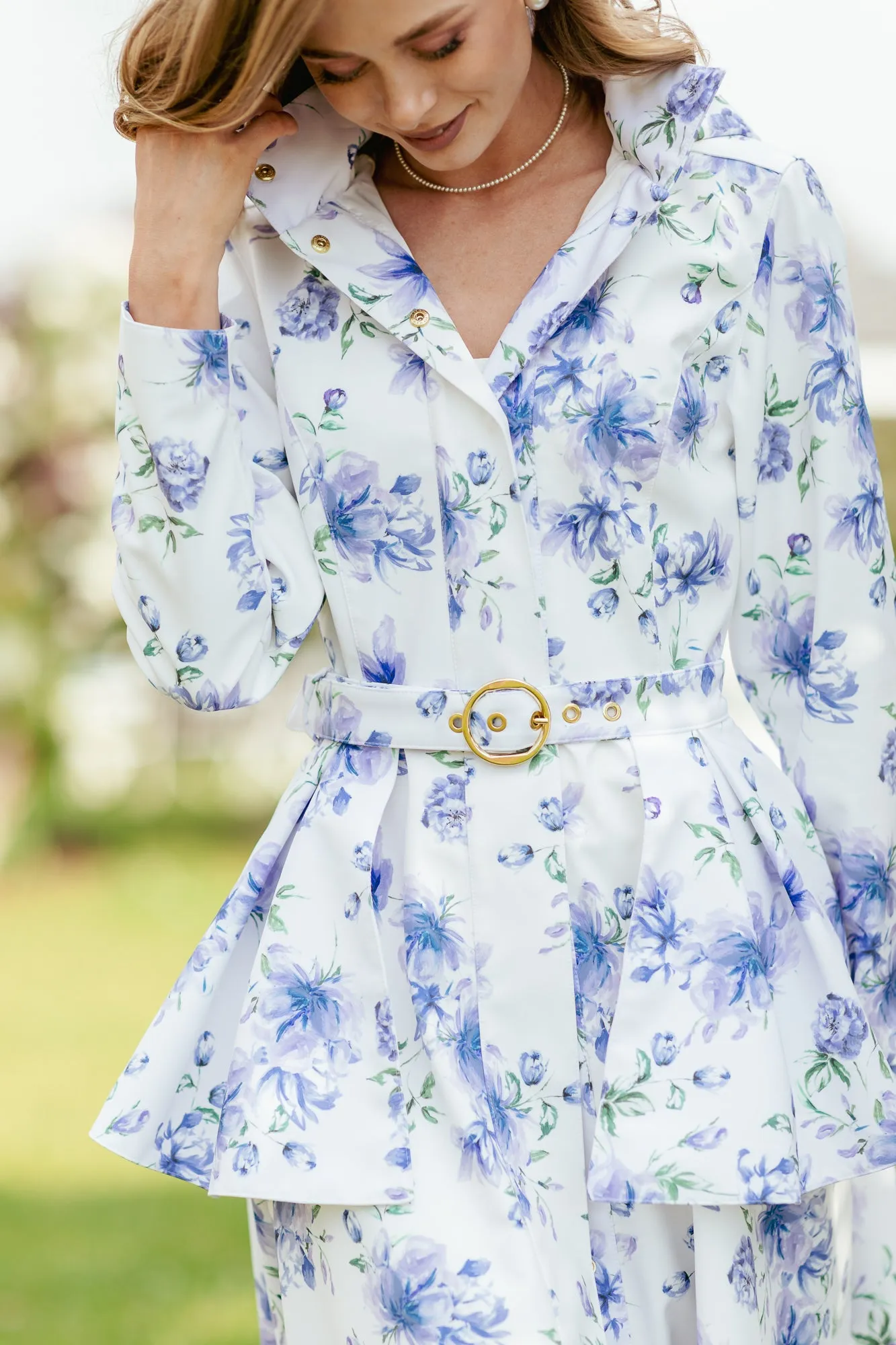 Fitted and Flared Coat with A-Line Skirt in White with Blue Flower Print | 'Floral White'