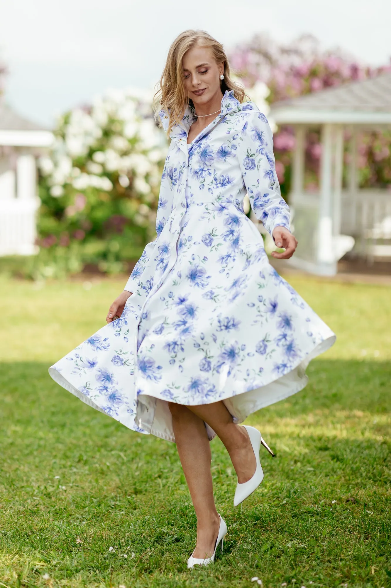 Fitted and Flared Coat with A-Line Skirt in White with Blue Flower Print | 'Floral White'