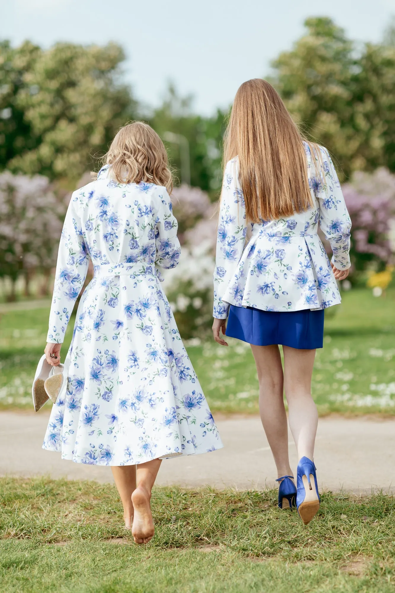 Fitted and Flared Coat with A-Line Skirt in White with Blue Flower Print | 'Floral White'