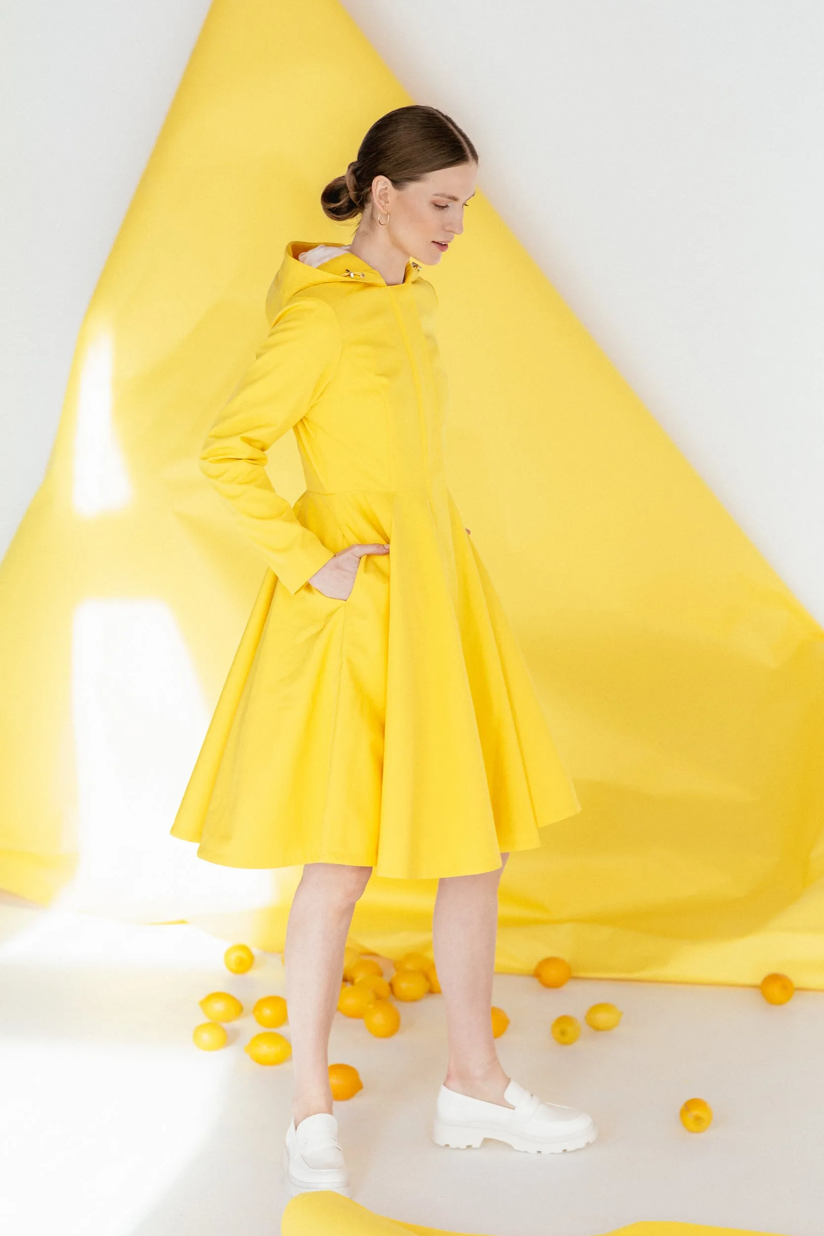 Fitted and Flared Coat with Full Circle Skirt in Bright Yellow | 'Yellow Sun'