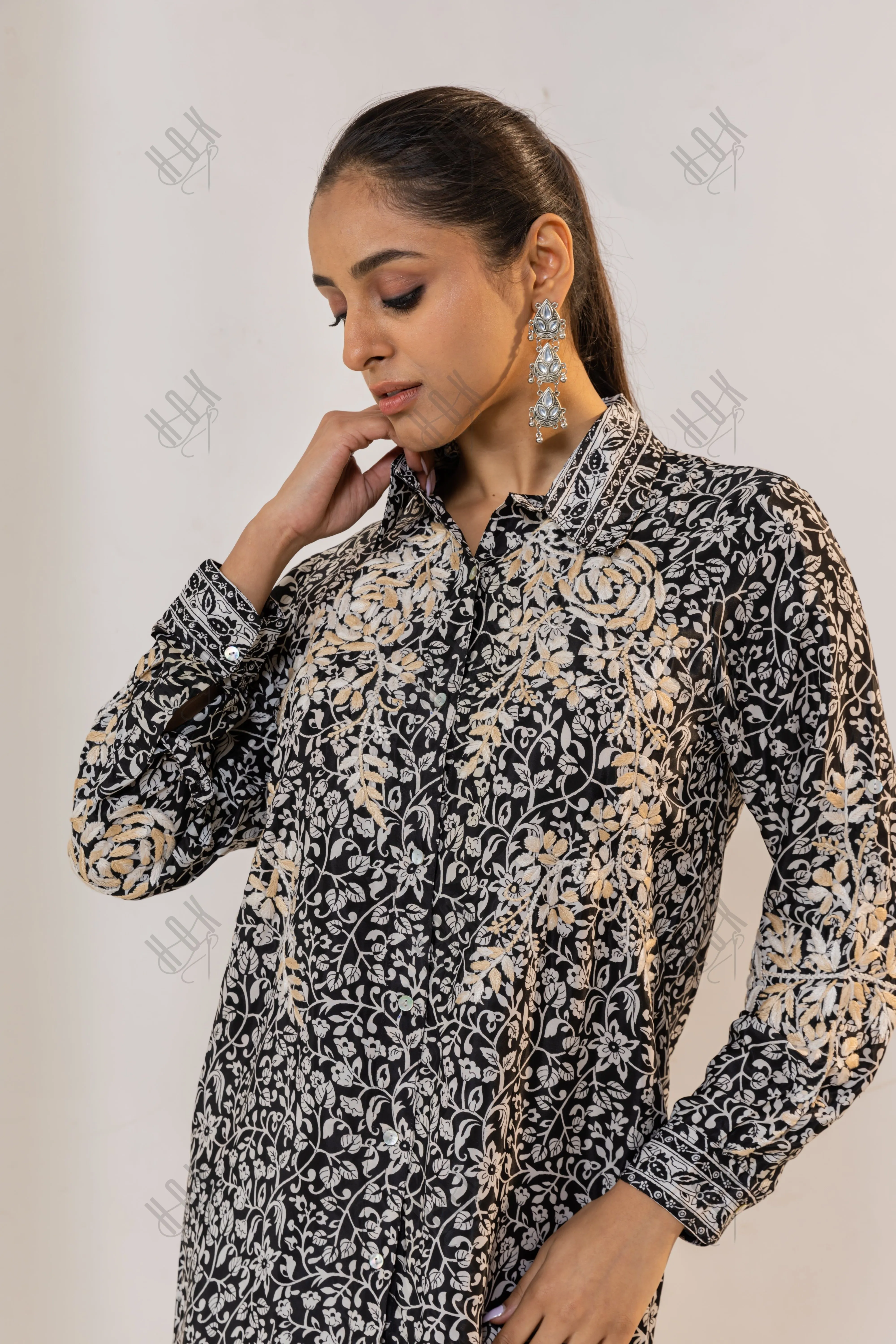 Gargi in Chikankari Polysilk Set for Women - Black Print